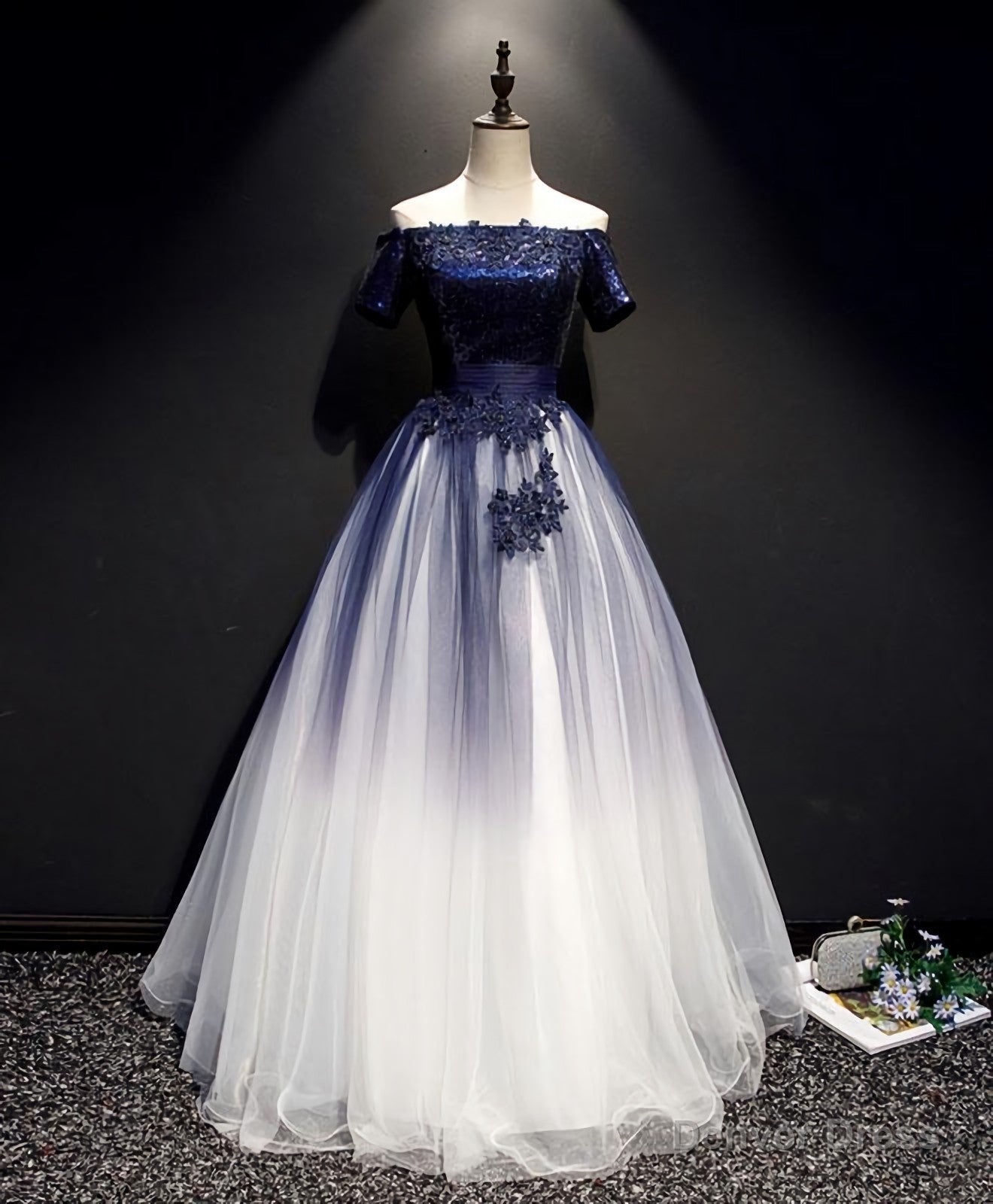 Blue Tulle Lace Long Prom Dress, Blue Tulle Lace Prom Dresses