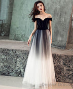 Simple Tulle Off Shoulder Black Long Prom Dress Black Tulle Prom Dresses