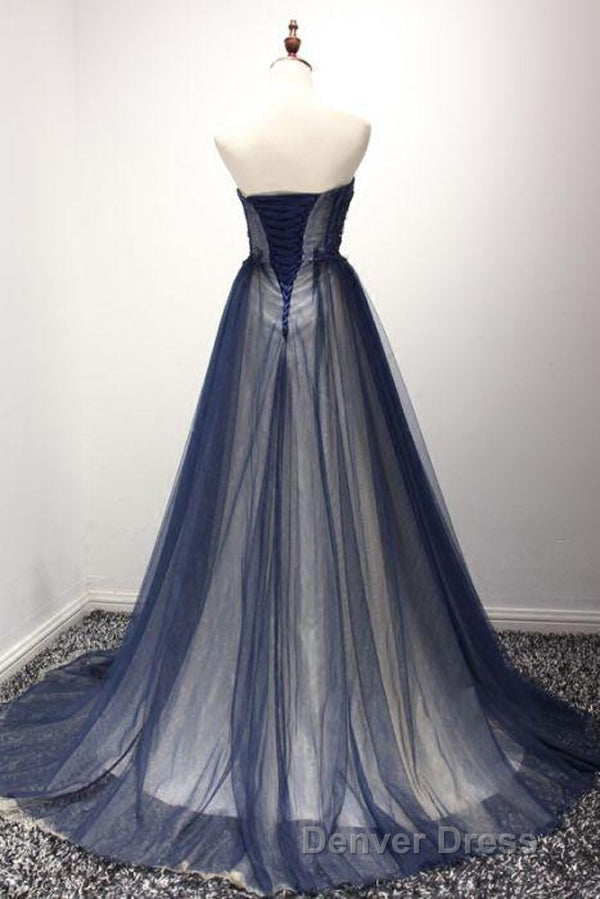 Navy A Line Sweep Train Straight Sleeveless Mid Back Lace Up Prom Dresses Secondary image