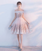 Pink Lace Applique Short Prom Dress Pink Homecoming Dress