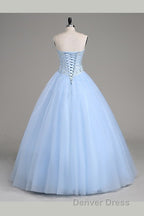 Light Blue Ball Gown Floor Length Sweetheart Strapless Sleevless Beading Prom Dresses