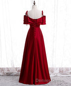 Burgundy Satin Beads Long Prom Dresses, Burgundy Evening Dresses