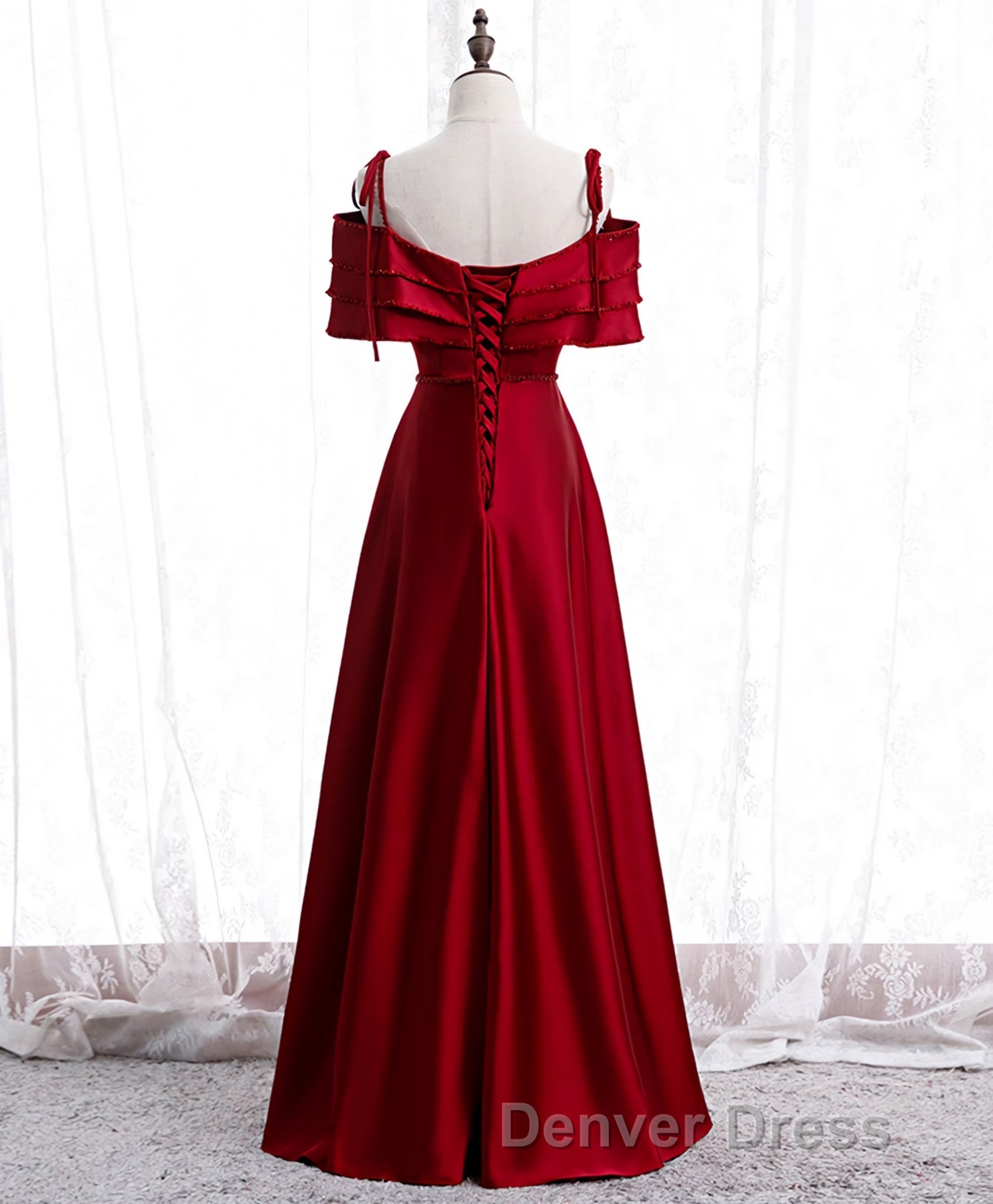 Burgundy Satin Beads Long Prom Dresses, Burgundy Evening Dresses