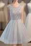 Gray Tulle Beads Short Prom Dresses, Gray Homecoming Dresses