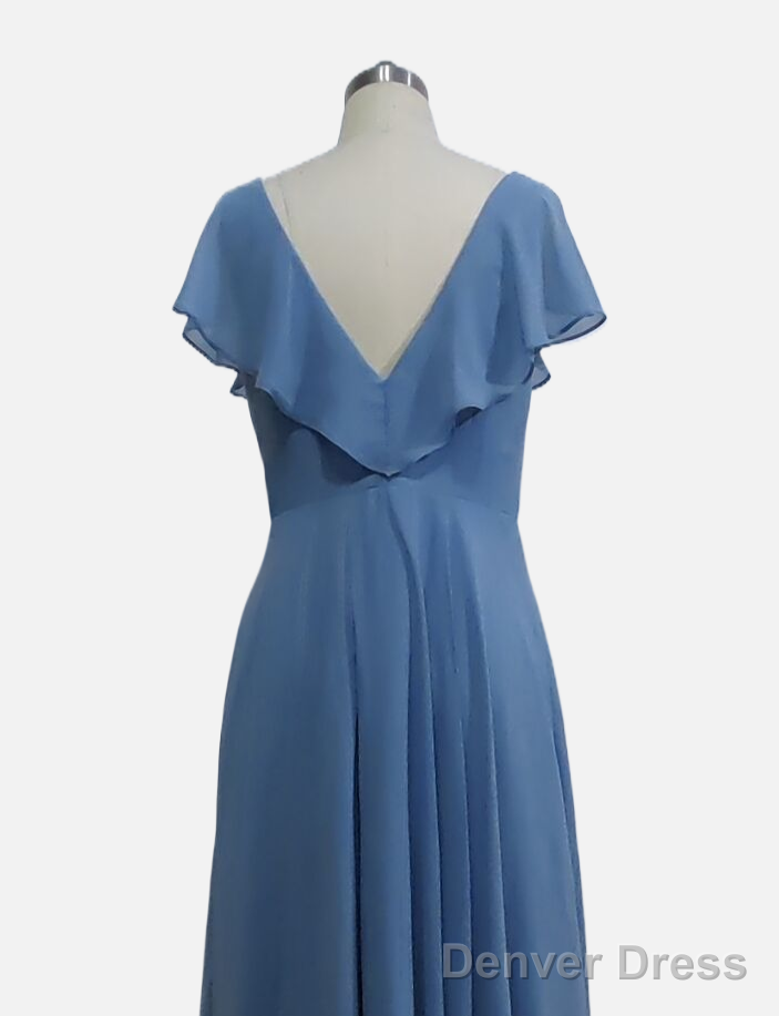 A-line Short Sleeves Chiffon V-neck Ruffles Floor-Length Bridesmaid Dress