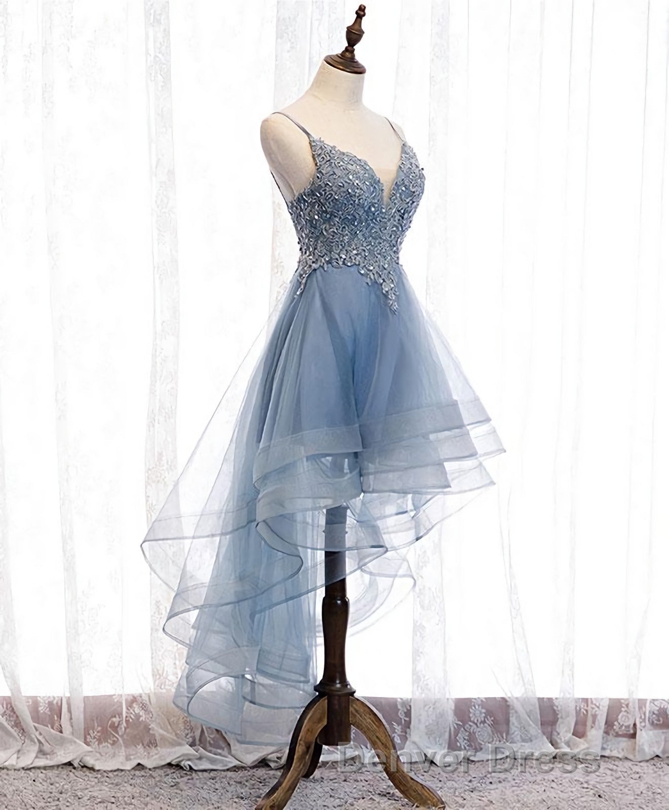 Blue Sweetheart Tulle Lace High Low Prom Dresses, Blue Homecoming Dresses