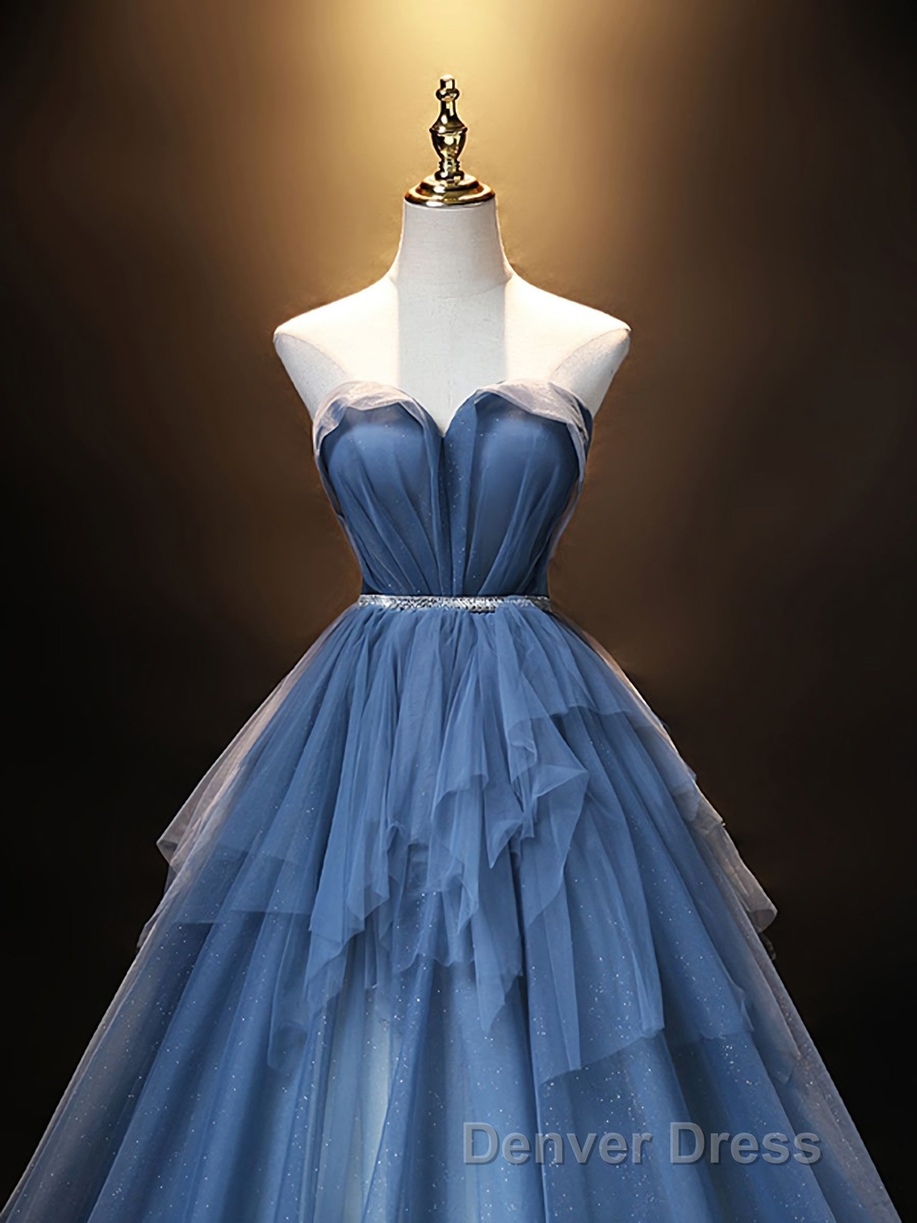 Blue Sweetheart Neck Tulle Long Prom Dress, Blue Prom Dresses