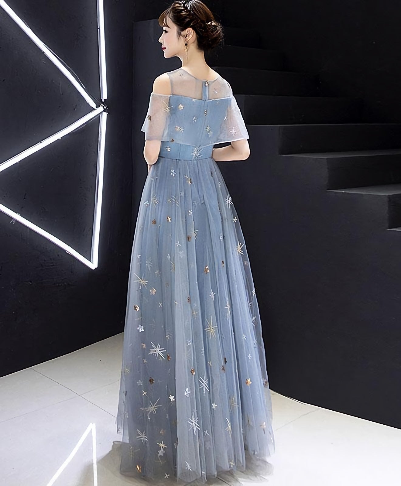 Blue Round Neck Tulle Long Prom Dress, Blue Tulle Prom Dresses