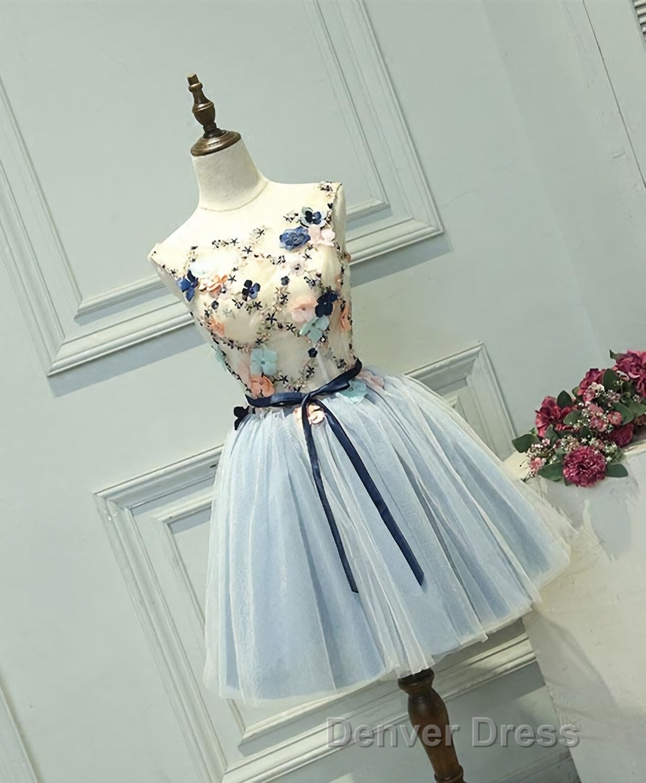 Gray Blue Tulle Short Prom Dress, Tulle Homecoming Dresses