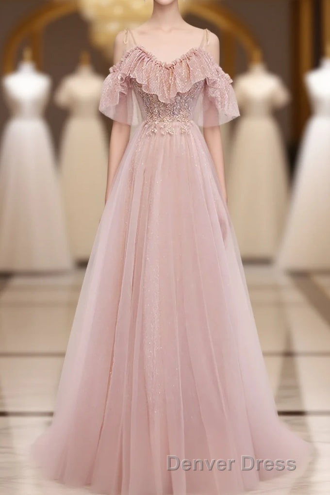 Pink V Neck Tulle Lace Long Prom Dress, Pink Bridesmaid Dresses, 1 Main image