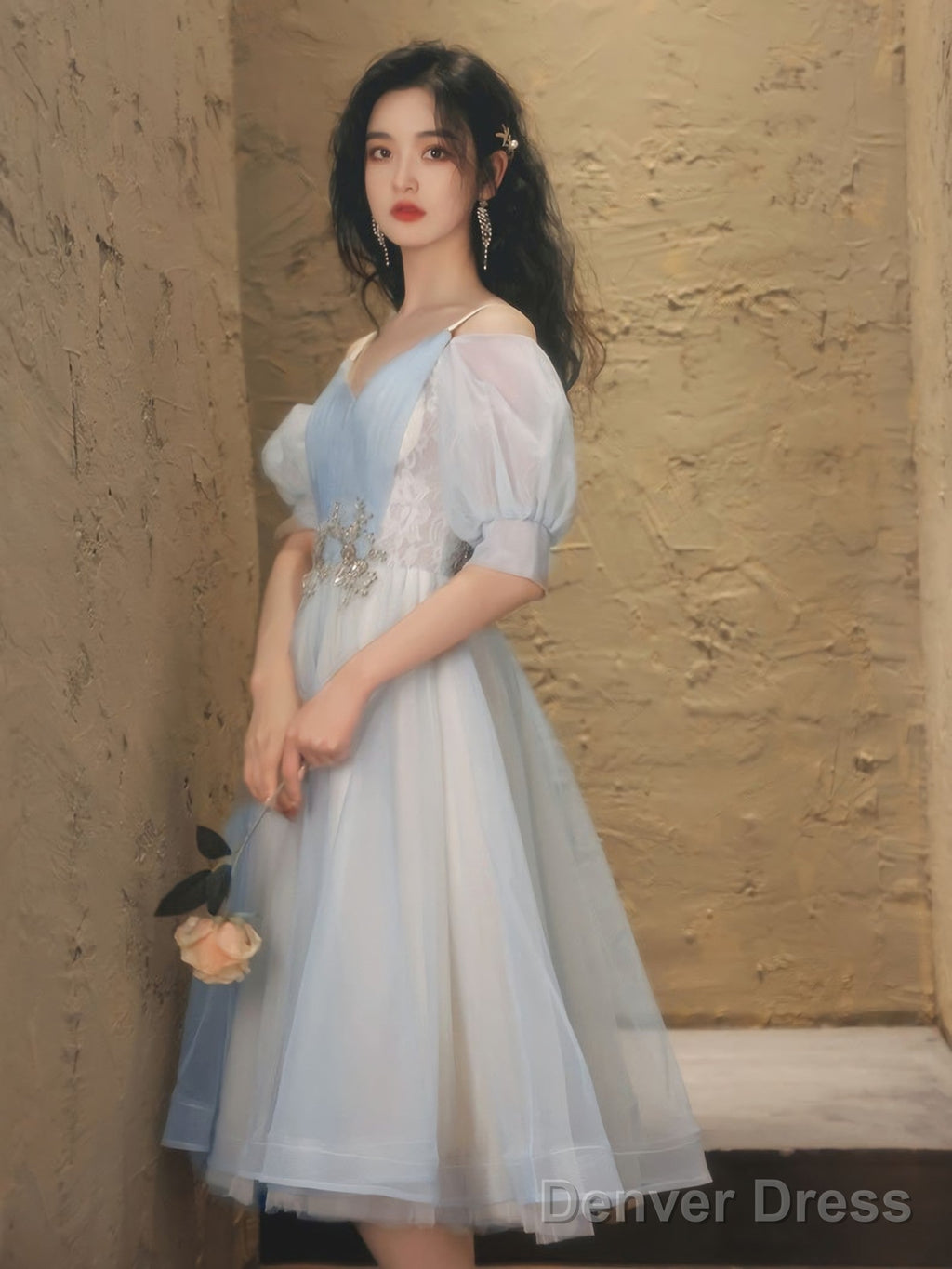 Blue A Line Tulle Lace Short Prom Dress Blue Homecoming Dresses