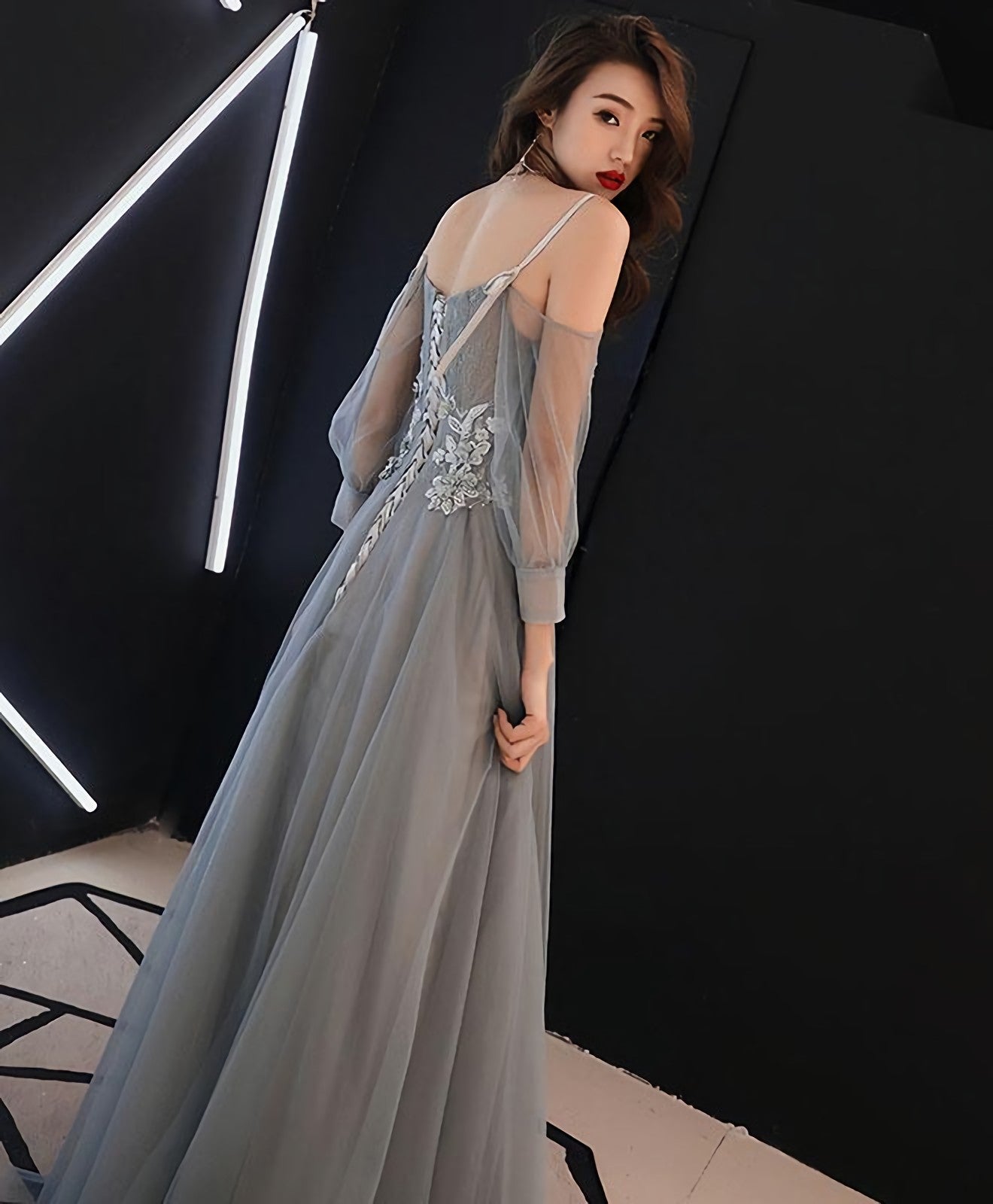 Gray Sweetheart A Line Tulle Lace Long Prom Dress Gray Prom Dresses