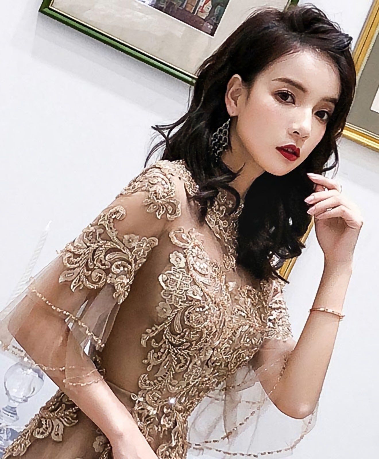 Champagne High Neck Tulle Lace Long Prom Dress Champagne Prom Dresses