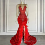 Red Sleeveless Sequins Mermaid Prom Dresses with Front Slit Beadings and Feathers