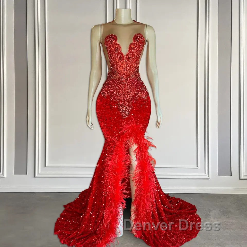 Red Sleeveless Sequins Mermaid Prom Dresses with Front Slit Beadings and Feathers
