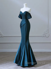 Simple Off Shoulder Satin Ink Blue Long Prom Dresses, Ink Blue Long Formal Dresses
