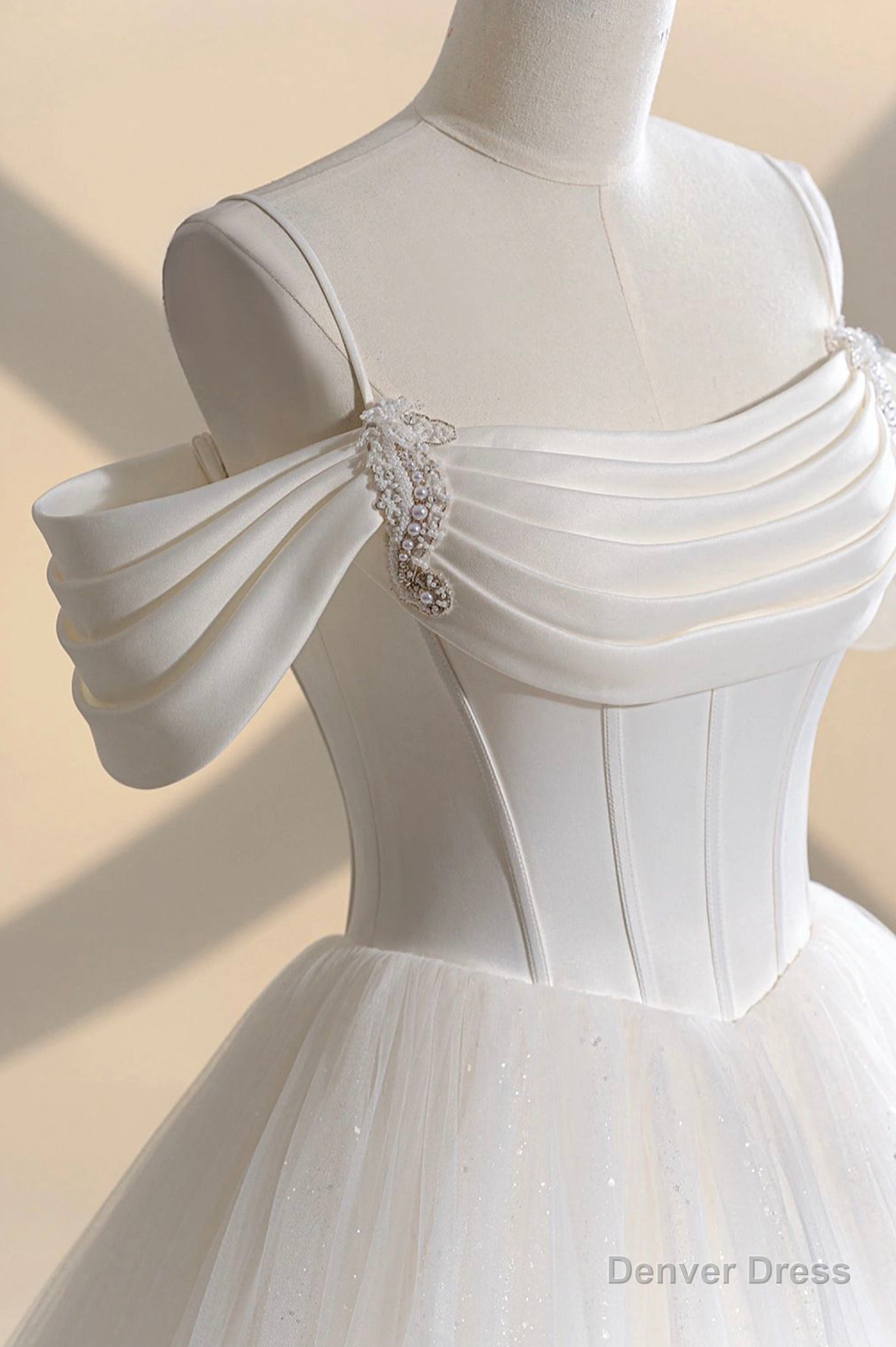 Ivory Tulle Off the Shoulder Prom Gowns, Elegant A Line Wedding Dresses