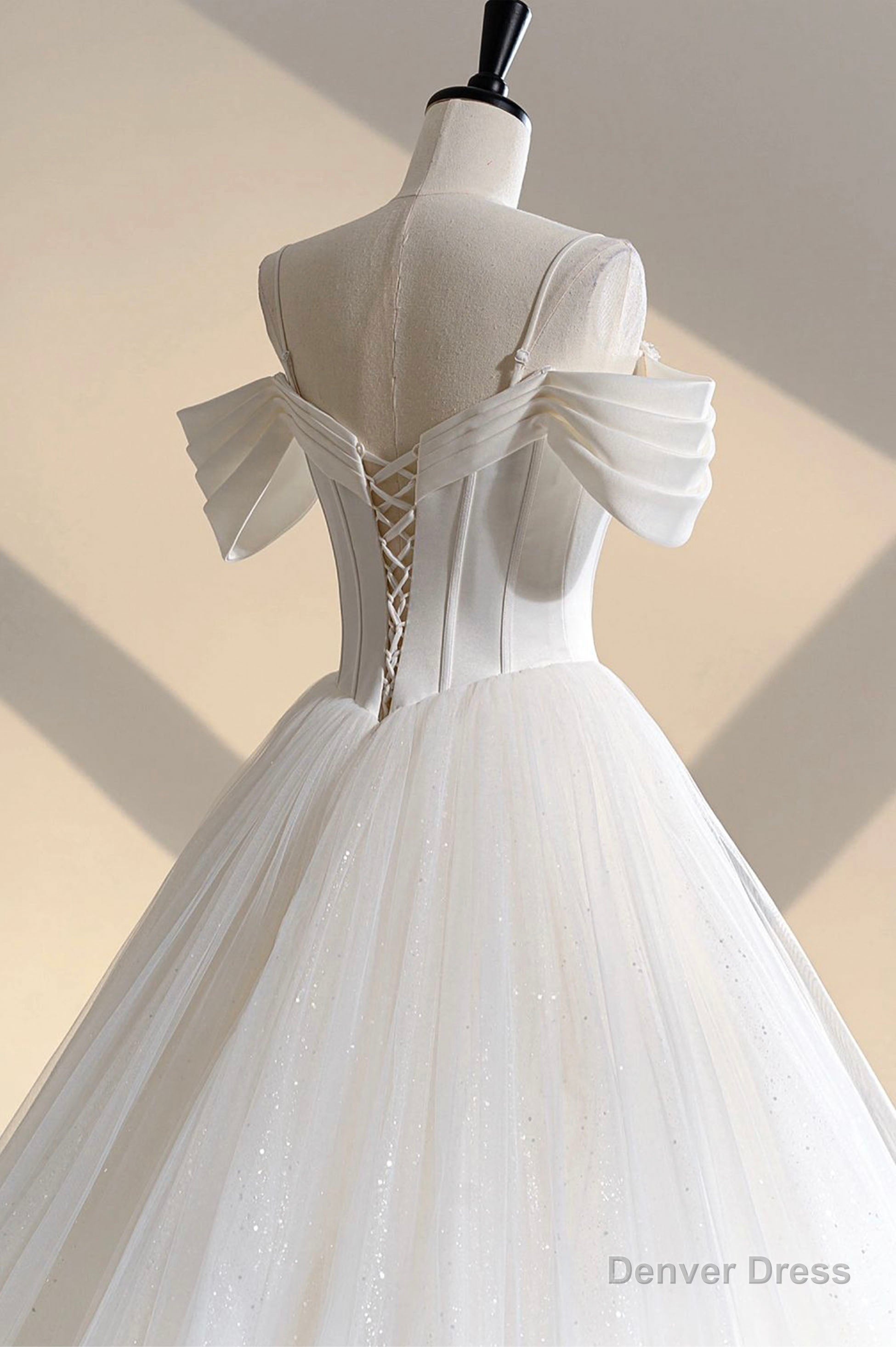 Ivory Tulle Off the Shoulder Prom Gowns, Elegant A Line Wedding Dresses