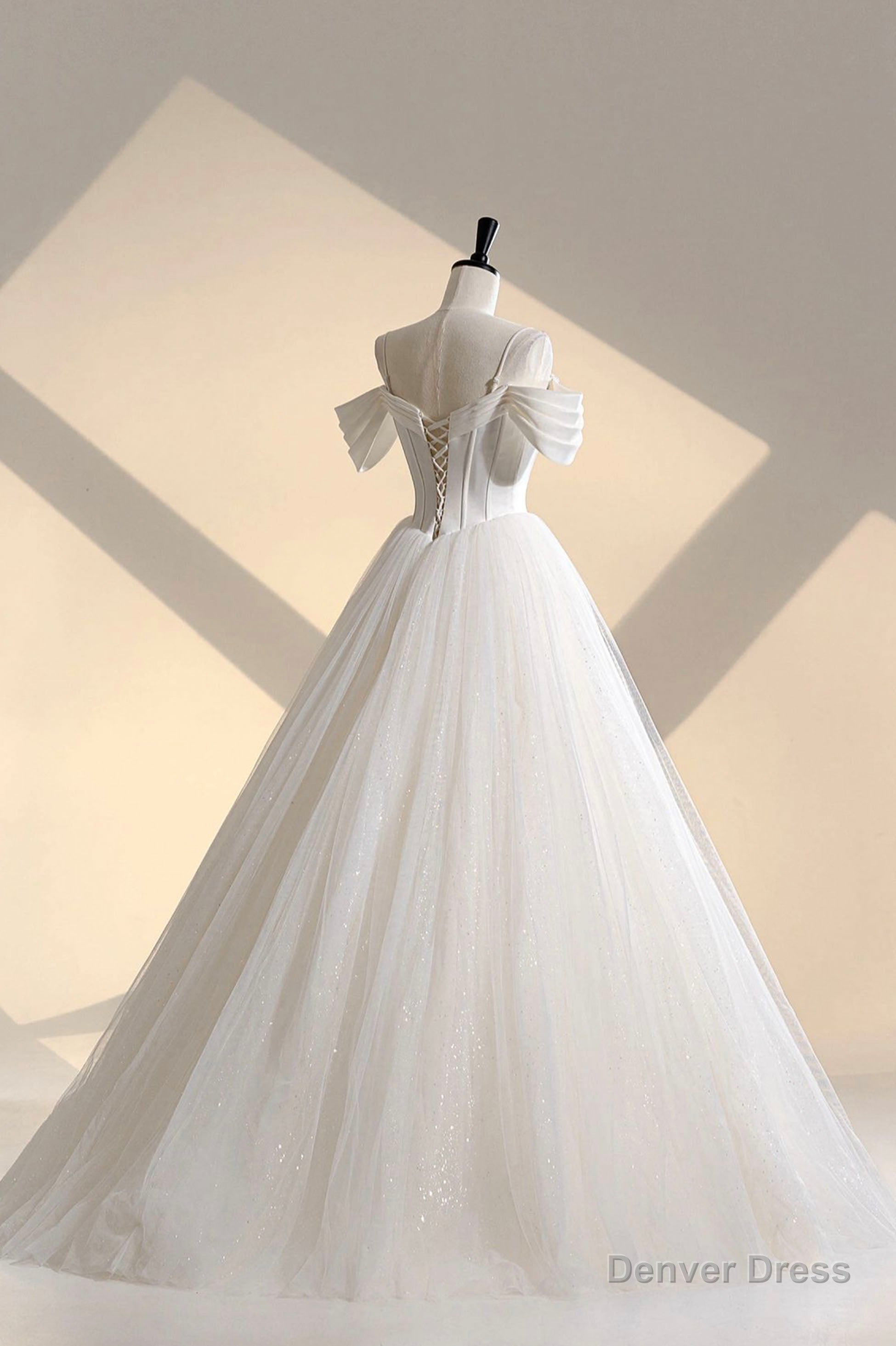 Ivory Tulle Off the Shoulder Prom Gowns, Elegant A Line Wedding Dresses