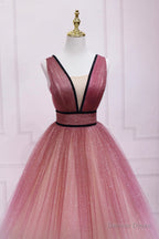 Cute Ombre Tulle V Neck Long Prom Dress, A Line Prom Dresses