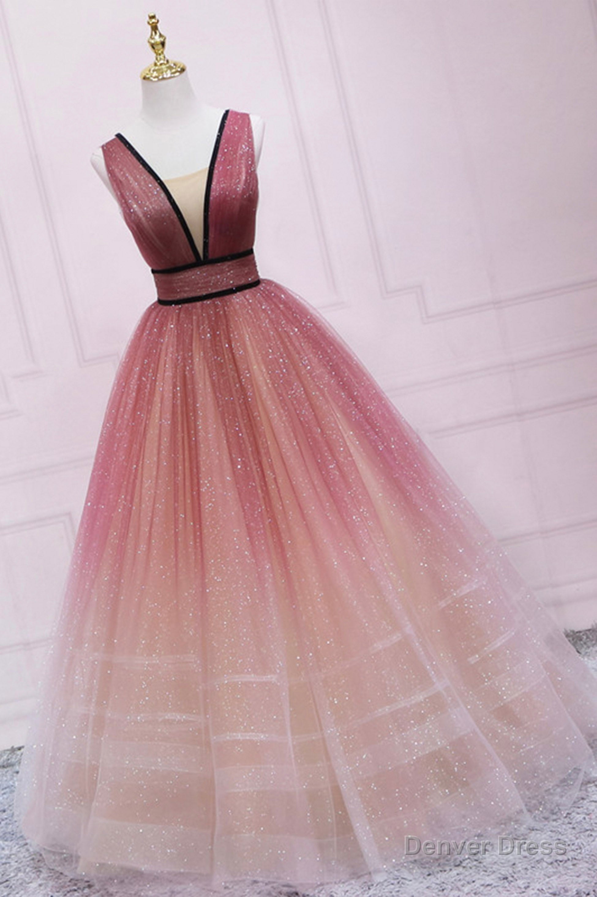 Cute Ombre Tulle V Neck Long Prom Dress, A Line Prom Dresses Main image