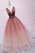 Cute Ombre Tulle V Neck Long Prom Dress, A Line Prom Dresses