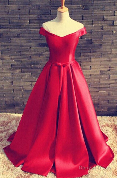 2025 Gorgeous Red Floor-Length/Long A-Line/Princess Off-the-Shoulder Lace Up Satin Prom Dresses