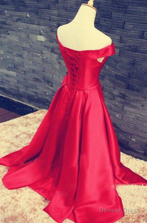 2026 Gorgeous Red Floor Length Long A Line Off The Shoulder Lace Up Satin Prom Dresses