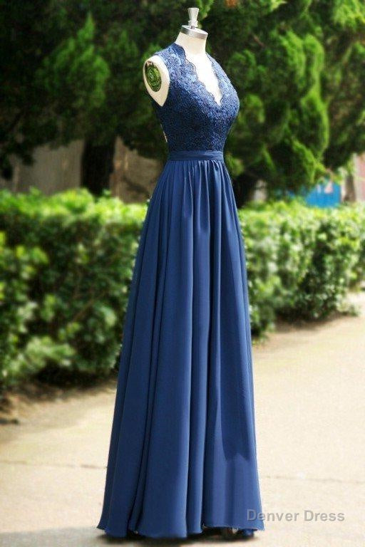 2026 Blue Floor Length Long A Line Backless Lace V Neck Chiffon Prom Dresses