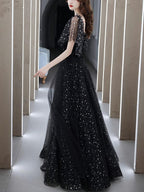 Black Tulle Off Shoulder Tulle Long Prom Dress, Black Prom Dresses