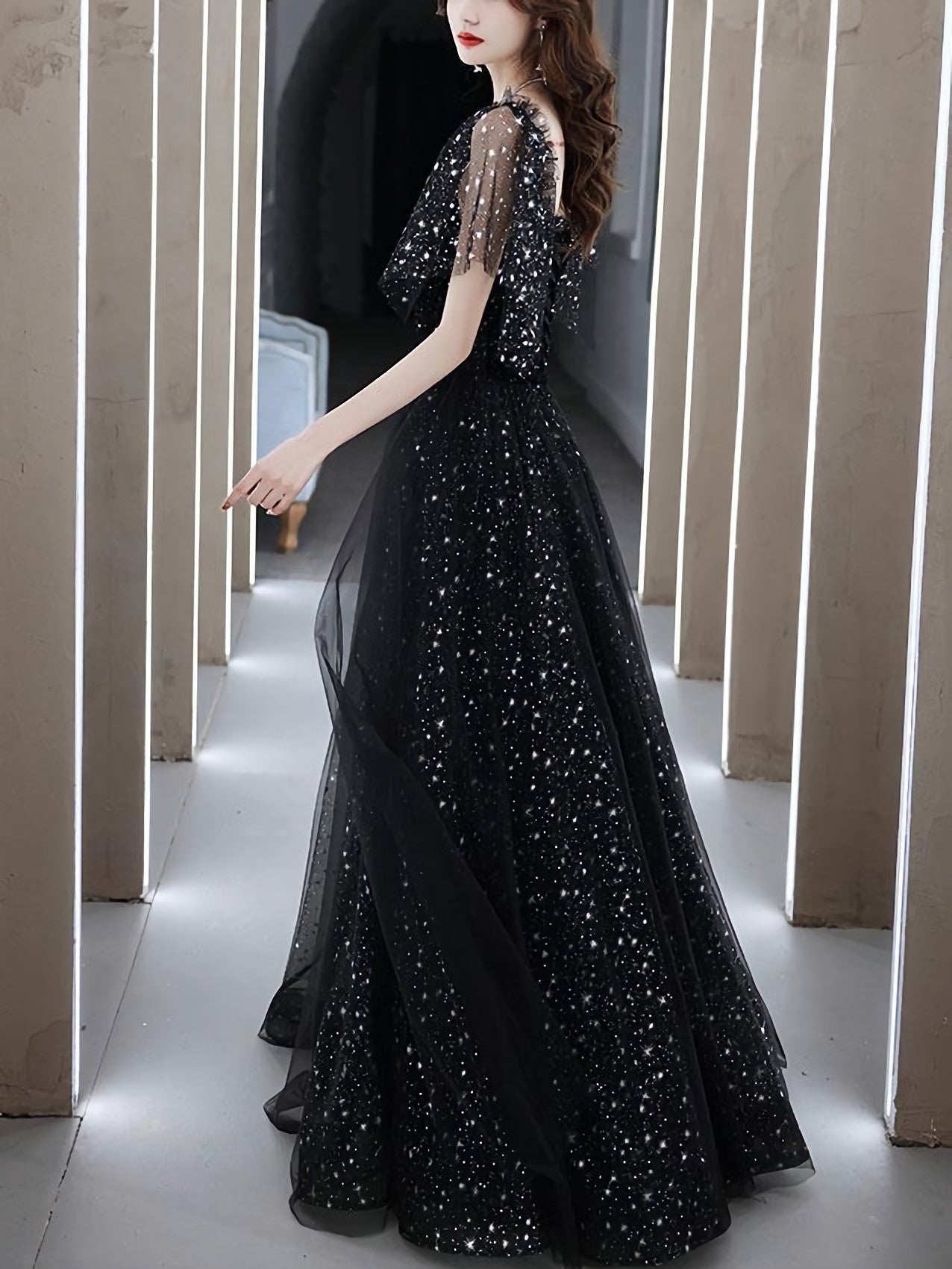 Black Tulle Off Shoulder Tulle Long Prom Dress, Black Prom Dresses