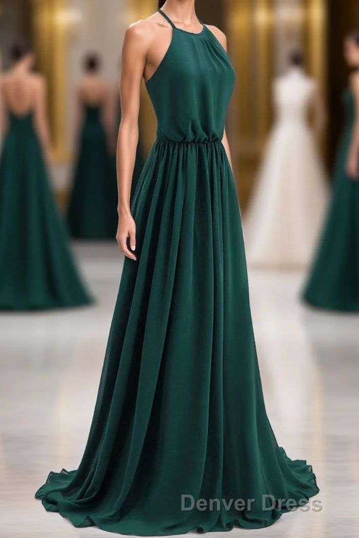 Hunter Green Halter Chiffon A-line Long Bridesmaid Dresses Main image