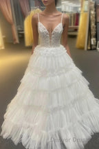 White Floral Plunging V Layers Long Prom Dresses