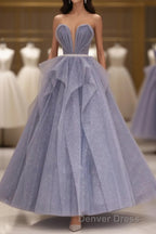Purple Sweetheart Neck Tulle Sequin Long Prom Dress, Tulle Prom Dresses