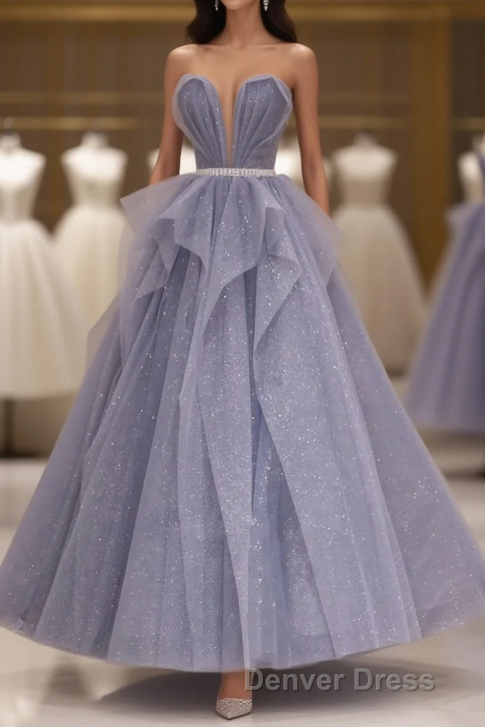 Purple Sweetheart Neck Tulle Sequin Long Prom Dress, Tulle Prom Dresses
