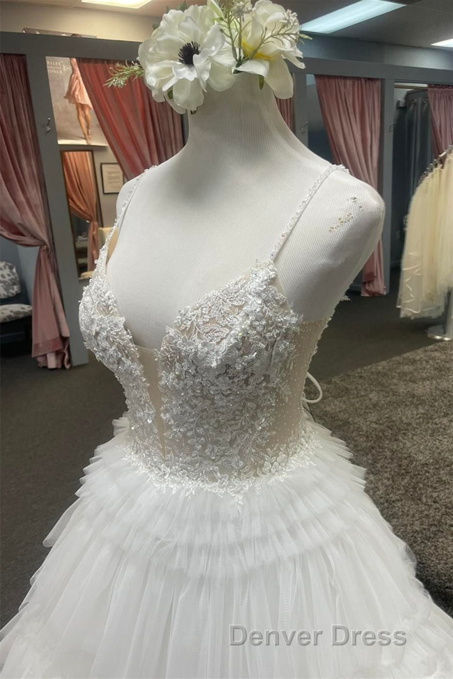 White Floral Plunging V Layers Long Prom Dresses Secondary image