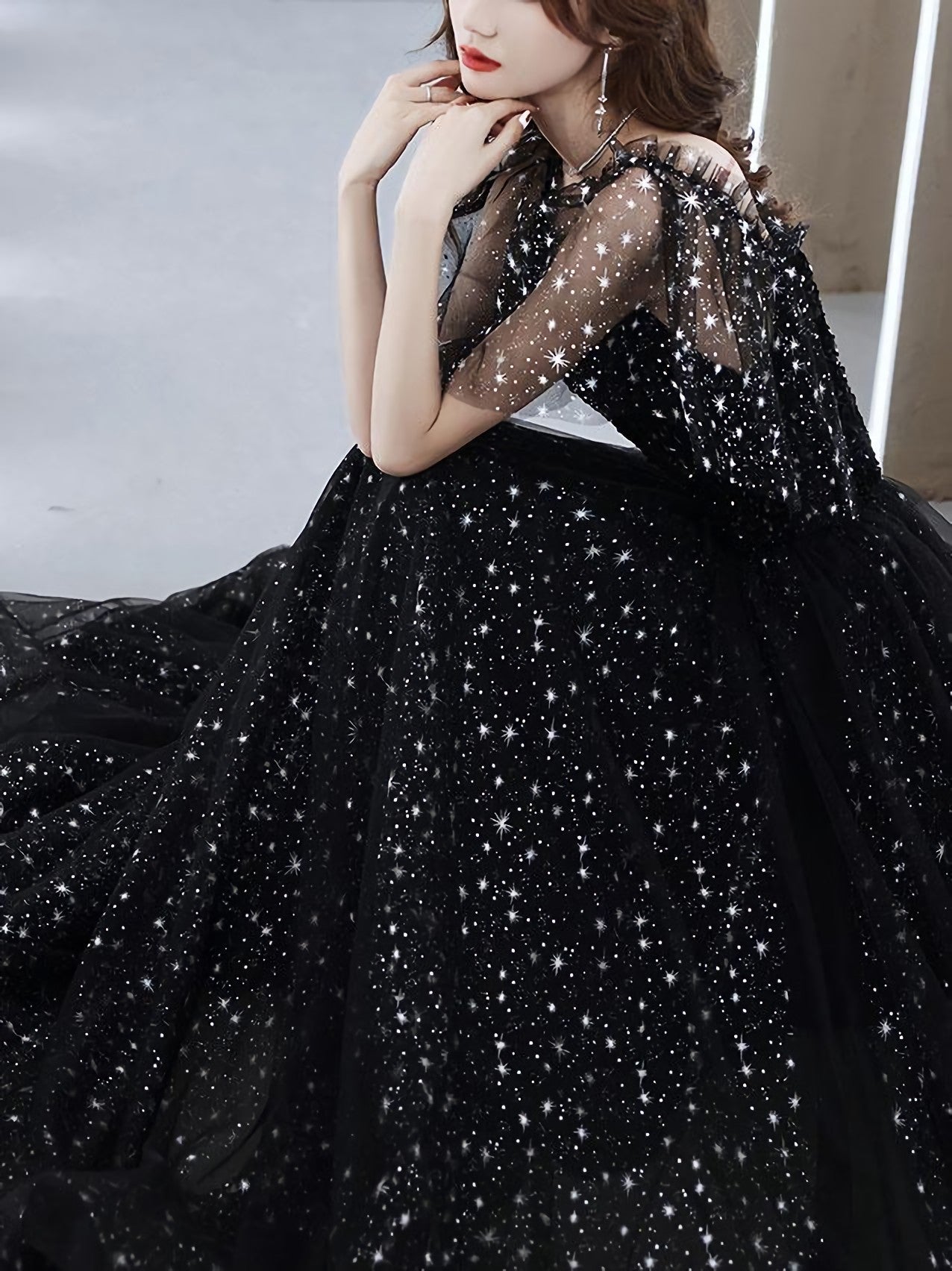 Black Tulle Off Shoulder Tulle Long Prom Dress, Black Prom Dresses