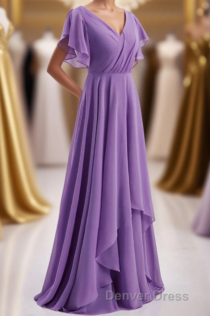 Flutter Sleeves Lavender Chiffon A Line Long Bridesmaid Dresses