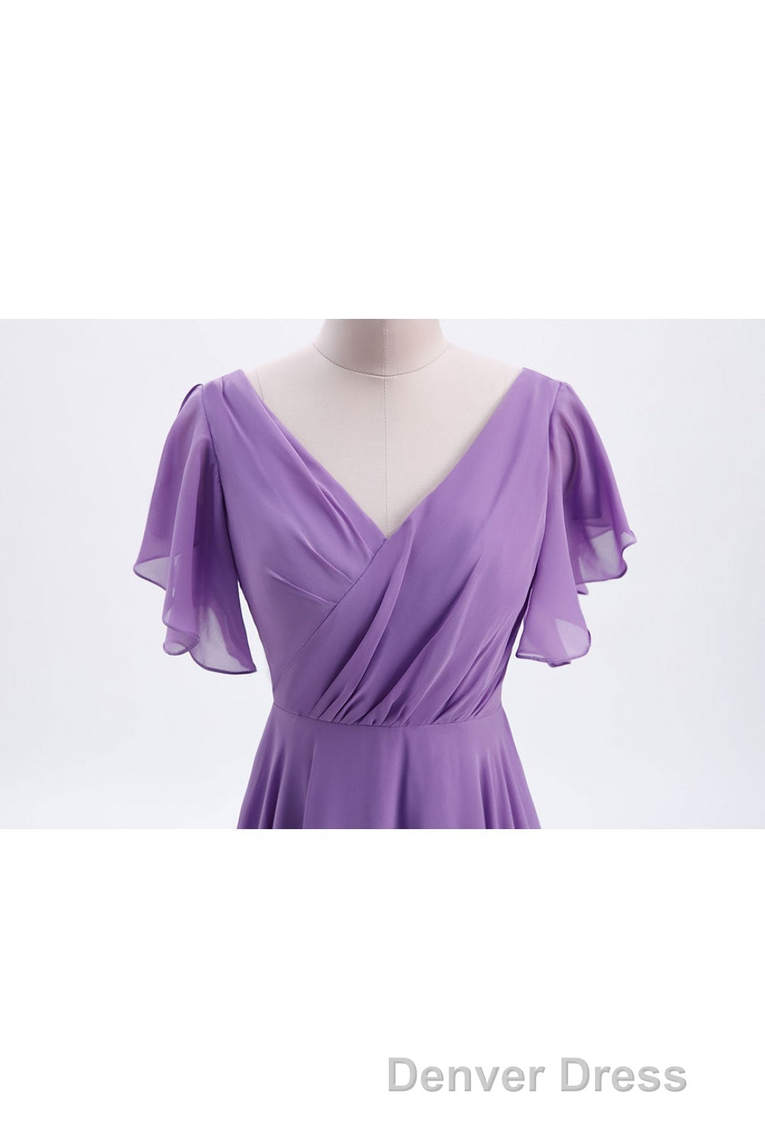 Flutter Sleeves Lavender Chiffon A Line Long Bridesmaid Dresses