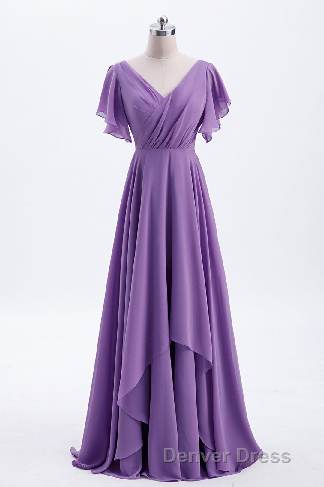 Flutter Sleeves Lavender Chiffon A Line Long Bridesmaid Dresses