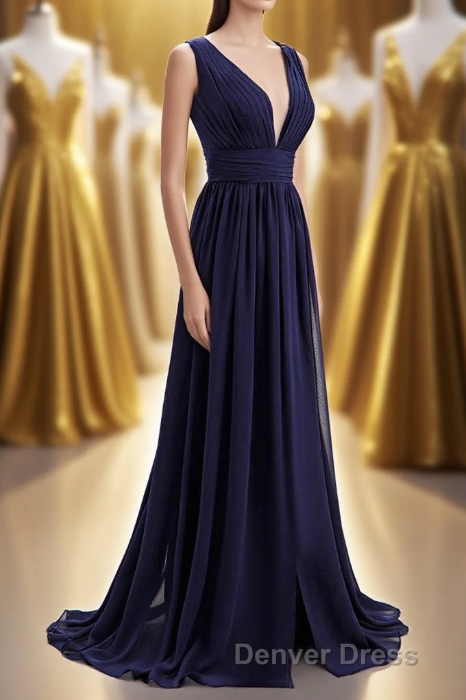 Empire Navy Blue Chiffon A Line Long Bridesmaid Dresses Main image