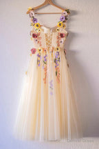 3D Flowers Champagne Tulle Short Prom Dress, Homecoming Dress Sweet 16 Dresses