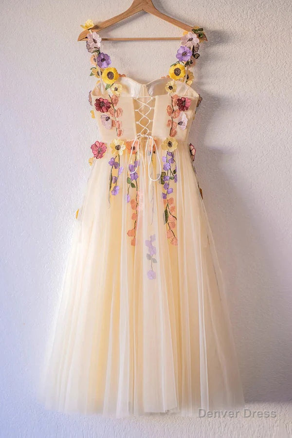 3D Flowers Champagne Tulle Short Prom Dress, Homecoming Dress Sweet 16 Dresses