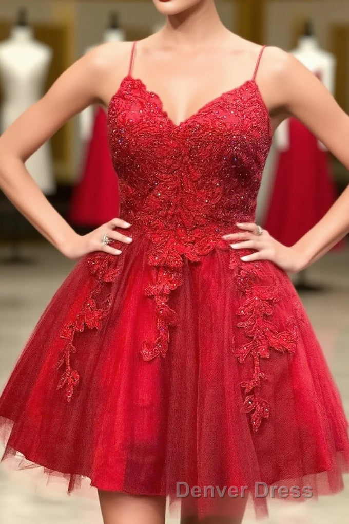 Strappy Lace Appliqued Red Short Homecoming Dresses Main image