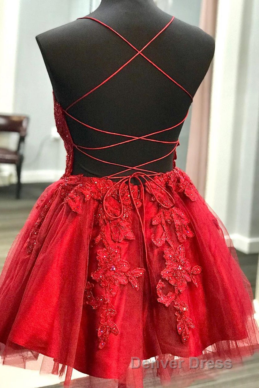 Strappy Lace Appliqued Red Short Homecoming Dresses Secondary image