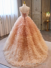 Unique V Neck Tulle Sequin Orange Pink Long Prom Dresses, Orange Pink Sweet 16 Dresses