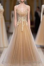 Champagne Tulle Lace Long Prom Dress, Champagne Prom Dresses, 9