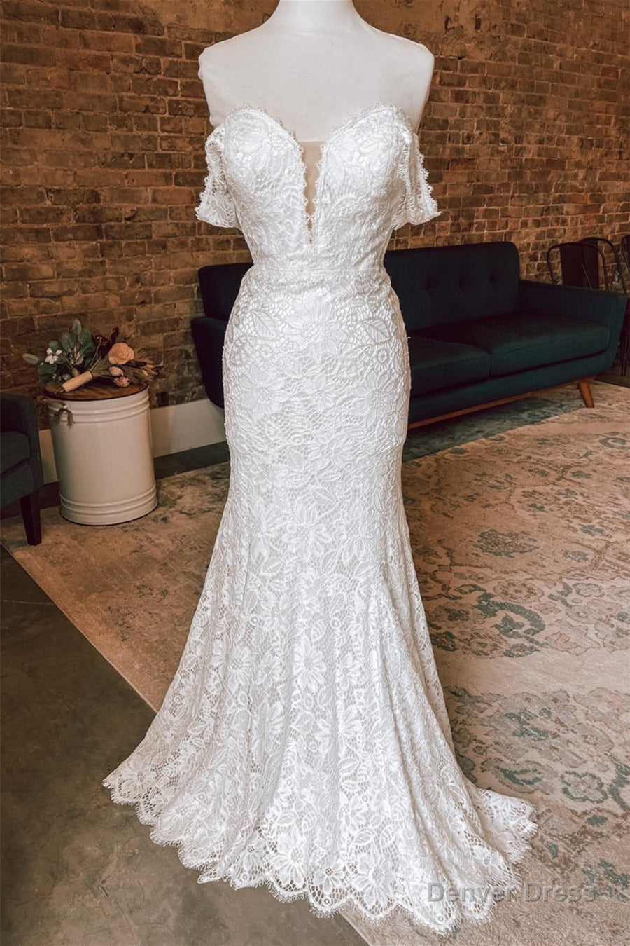 White Plunging Off-the-Shoulder Lace Mermaid Long Wedding Dress Main image