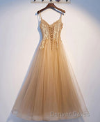 Champagne Tulle Lace Long Prom Dress, Champagne Prom Dresses, 9