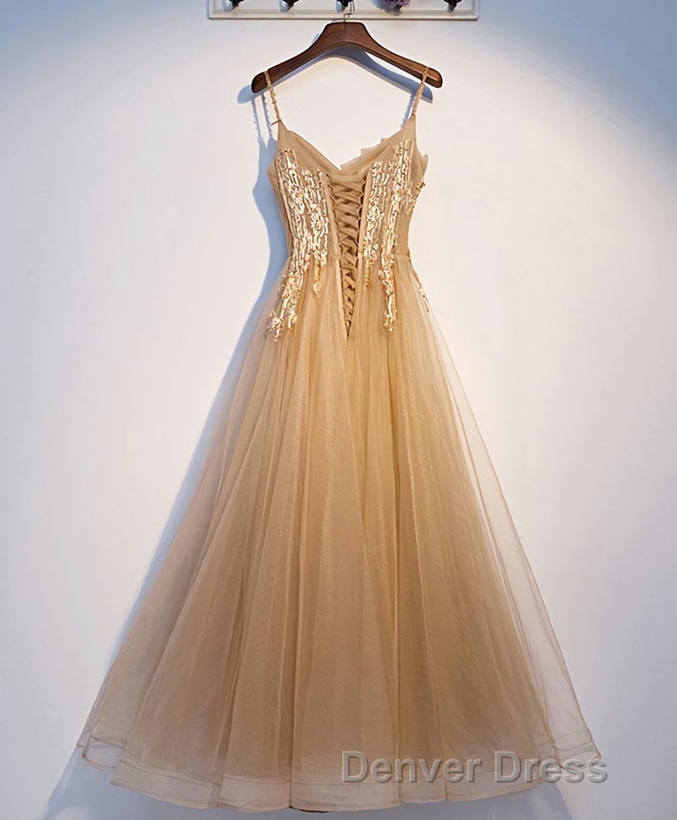 Champagne Tulle Lace Long Prom Dress, Champagne Prom Dresses, 9